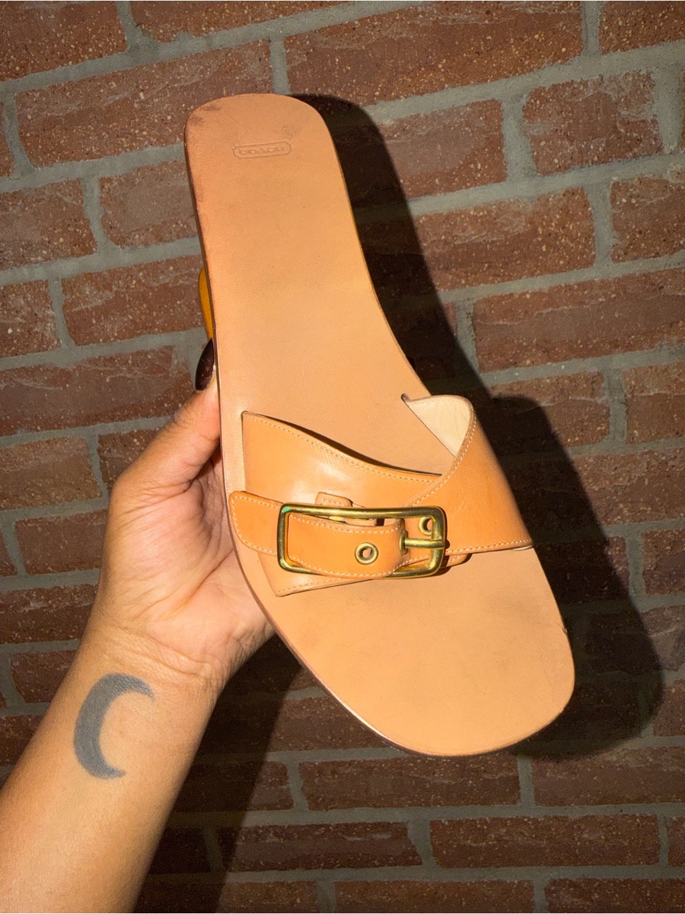 Coach Tan Leather Slide Sandals with Gold Buckle - Women - Picture 2 of 11